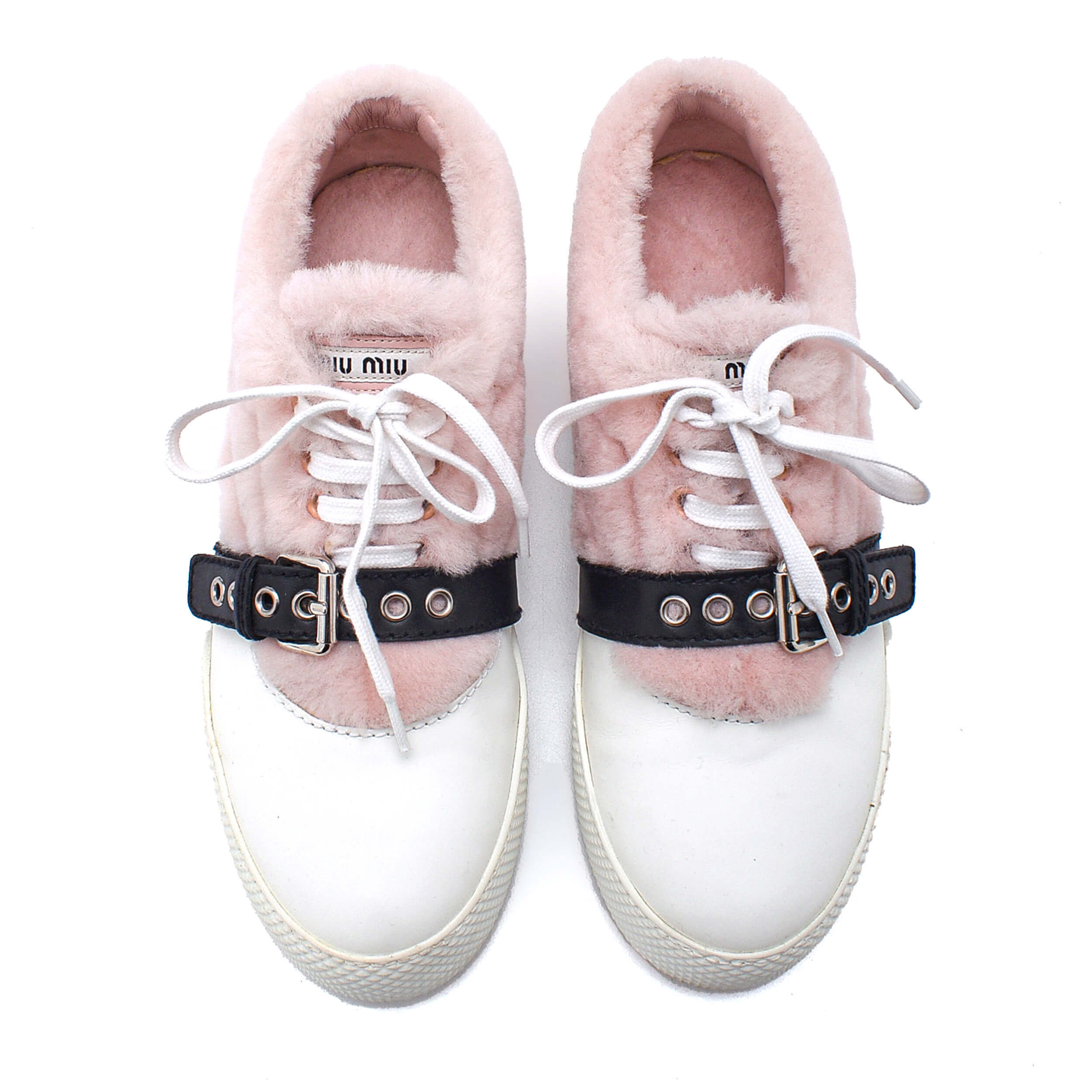 Miu Miu - White Leather Pink Fur Sneakers